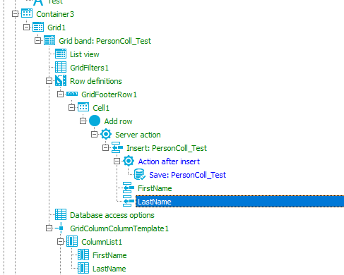 Cont*83 Gridl ed b.nd: PersonCOl_Test List view - definitions Gr&OOterRow Add row Server action Insert: personCOU_Test Action after insert Save: persmCd_Test FirstName Database access options GridCoünnCobnnTemdate ColumnListI FrstName 